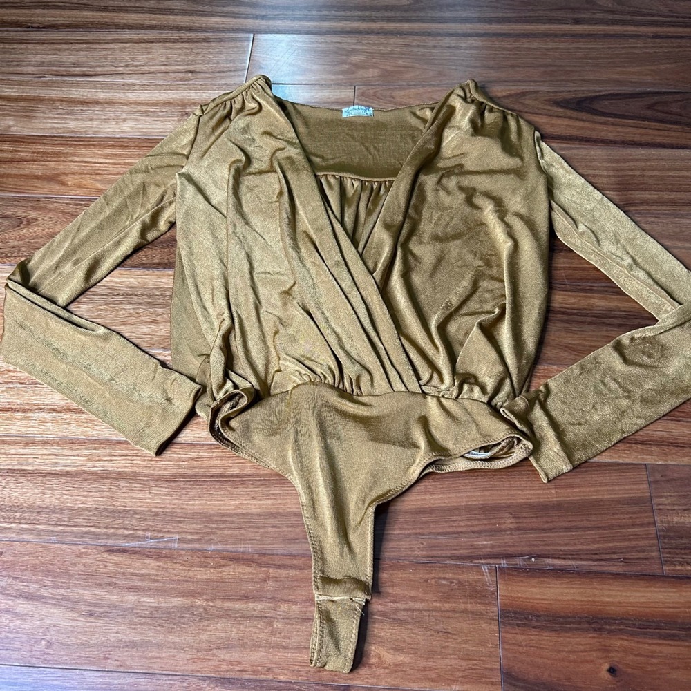 Intimately Free People‎ Bodysuit M Gold Long Sleeve Surplice Wrap Party Top